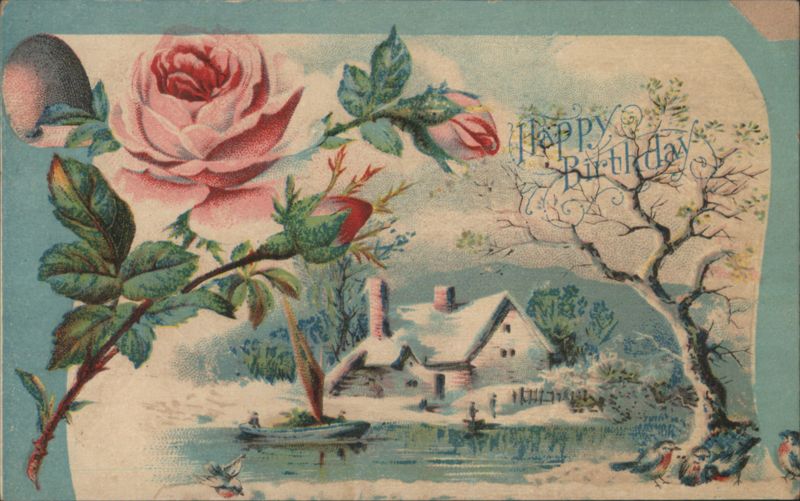 Happy Birthday Pink Rose & Winter Landscape with Snow-Covered Cottage