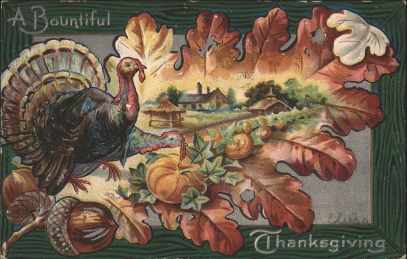 A Bountiful Thanksgiving with Turkey, Autumn Leaves & Harvest Scene
