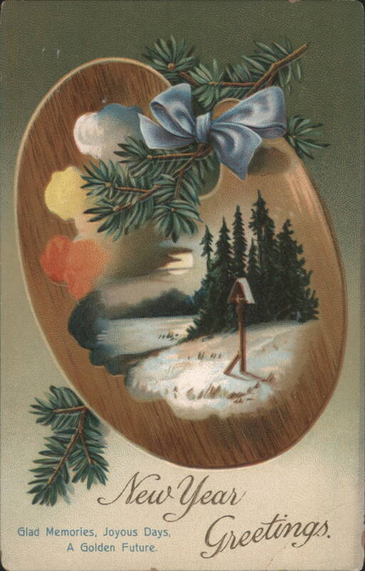 New Year Greetings, Artist Palette with Winter Scene and Pine Branches