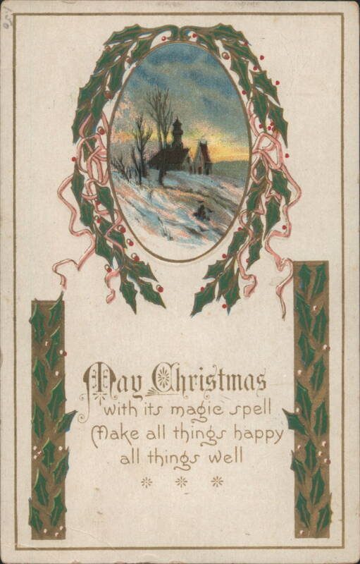 Christmas Greeting with Winter Church Scene, Holly & Ribbons