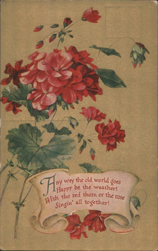 Red Geraniums with 'Happy Be The Weather' Poetic Verse