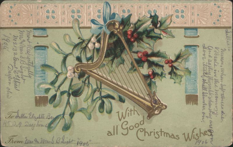 Harp, Mistletoe & Holly with Christmas Wishes and Poem, 1906