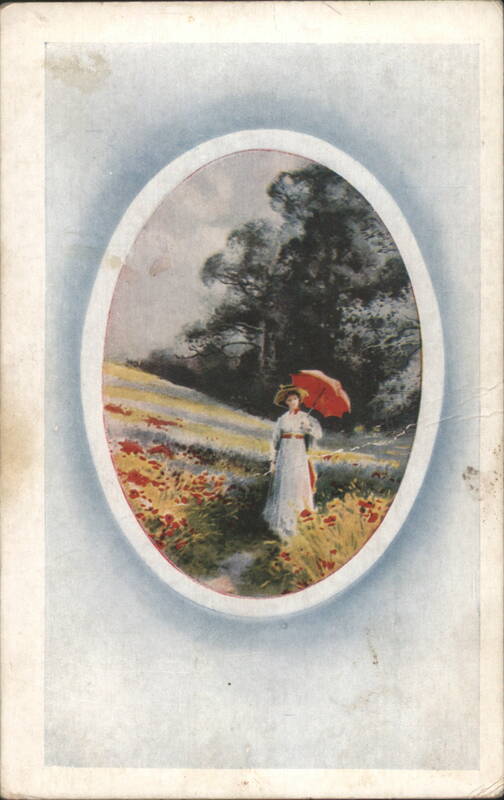 Woman in White Dress with Red Parasol in Poppy Field, Oval Landscape