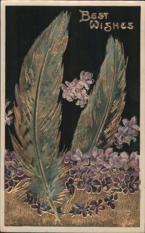 Best Wishes Feathers and Purple Flowers Gilded Embossed Design