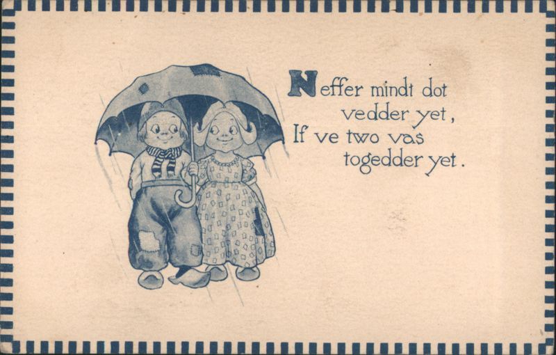 Children Under Umbrella in Rain with Humorous Dialect Saying