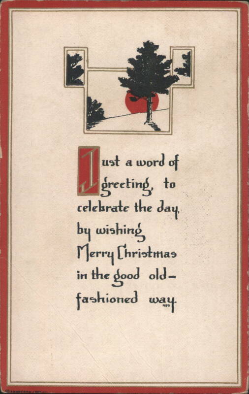 Merry Christmas Greeting with Stylized Trees and Red Sun, 1919