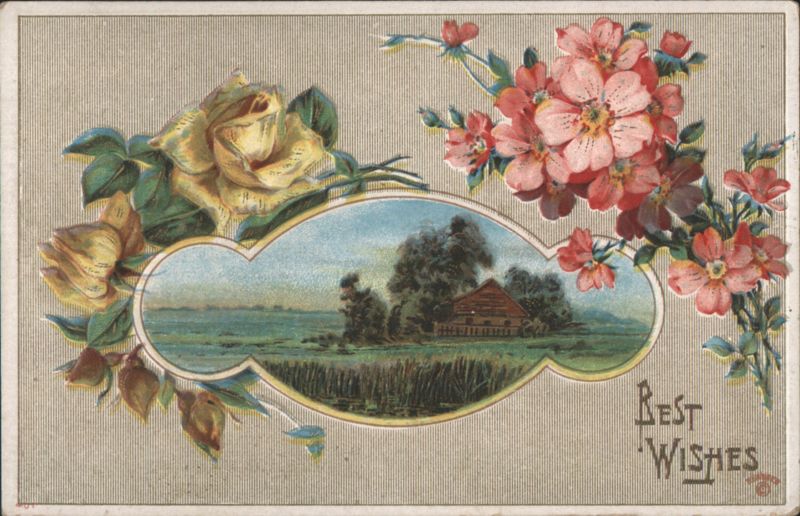 Best Wishes: Rural Landscape with Barn, Trees, Yellow Roses, and Pink Flowers