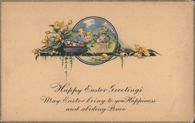 Happy Easter Greetings with Flowers, Colored Eggs, and Village Scene
