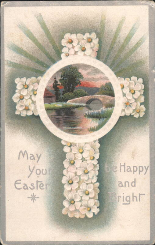 Easter Floral Cross with River and Bridge Landscape Inset Greeting