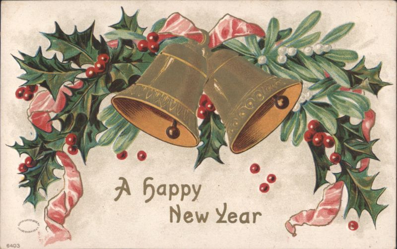 Happy New Year Bells, Holly, Mistletoe & Ribbons Greeting