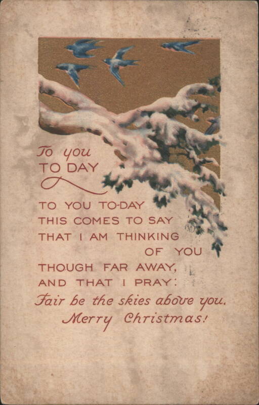Merry Christmas Greeting with Snow-Covered Branches and Flying Birds