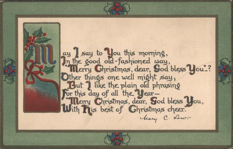 Merry Christmas God Bless You Poem with Holly and Berries