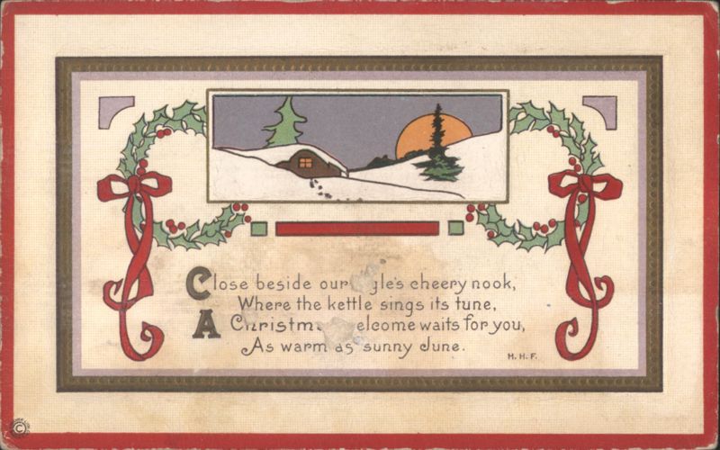 Christmas Greeting with Snowy Cabin, Holly Wreaths & Sunset
