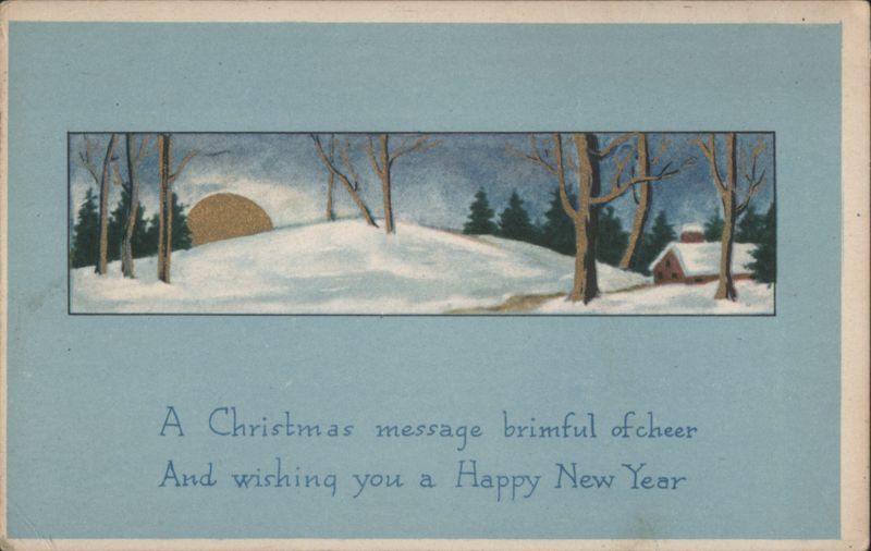Snowy Winter Landscape with Golden Sun, Christmas & New Year Greeting