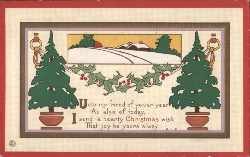 Christmas Greeting with Evergreen Trees, Holly, and Snow Scene