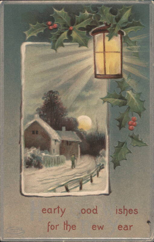 New Year's Winter Scene with Lantern, Holly, and Snow-Covered House