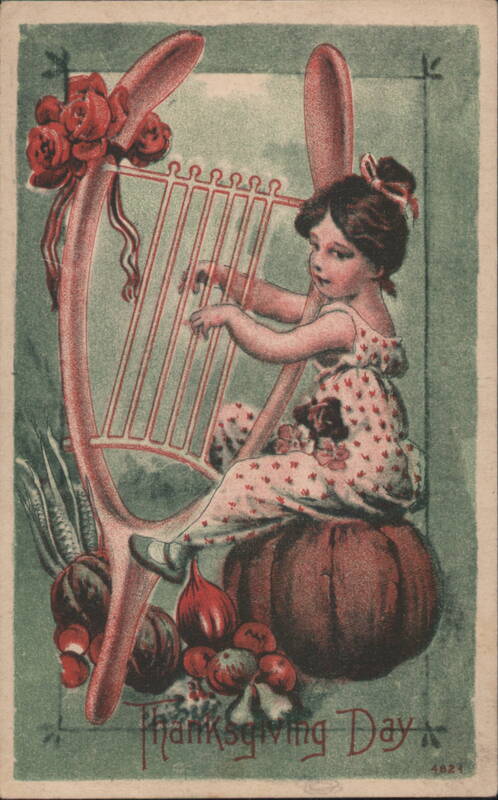 Thanksgiving Day Girl Playing Harp on Pumpkin with Harvest Decor
