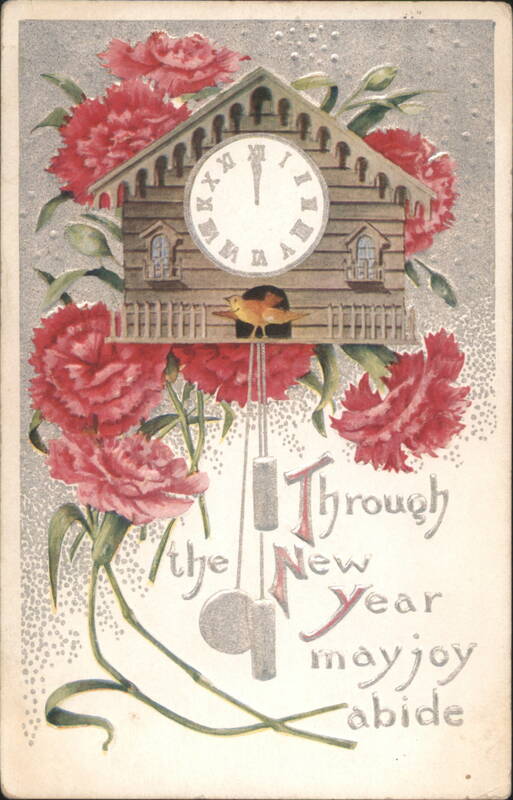 New Year's Clock with Red Flowers and Bird, 'May Joy Abide' Greeting