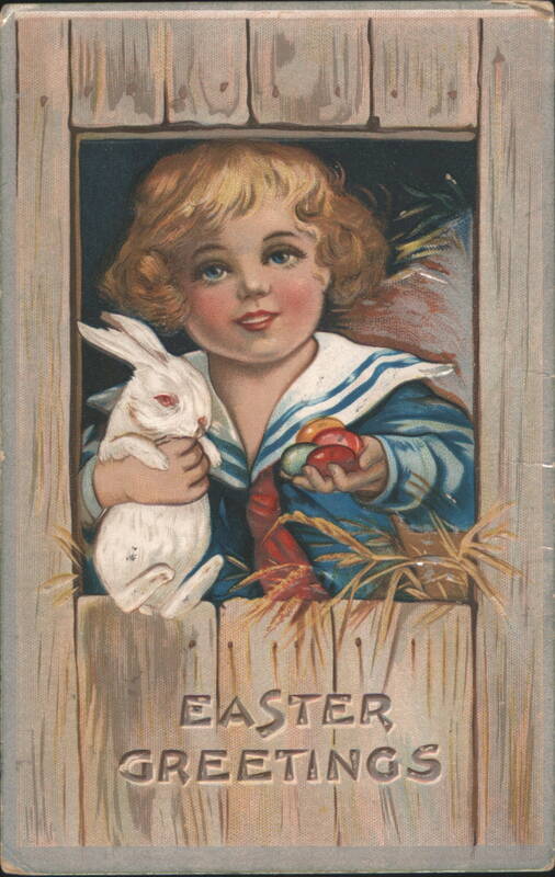 Child in Sailor Suit with White Bunny and Easter Eggs, Easter Greetings