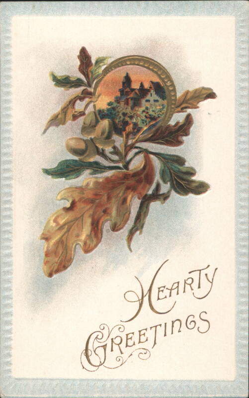 Hearty Greetings with Oak Branch, Acorns, and Castle View