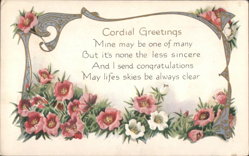 Cordial Greetings with Pink and White Flowers and Decorative Frame