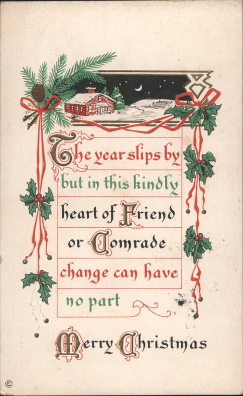 Merry Christmas Greeting with Winter Scene, Pine & Holly, Friendship Verse