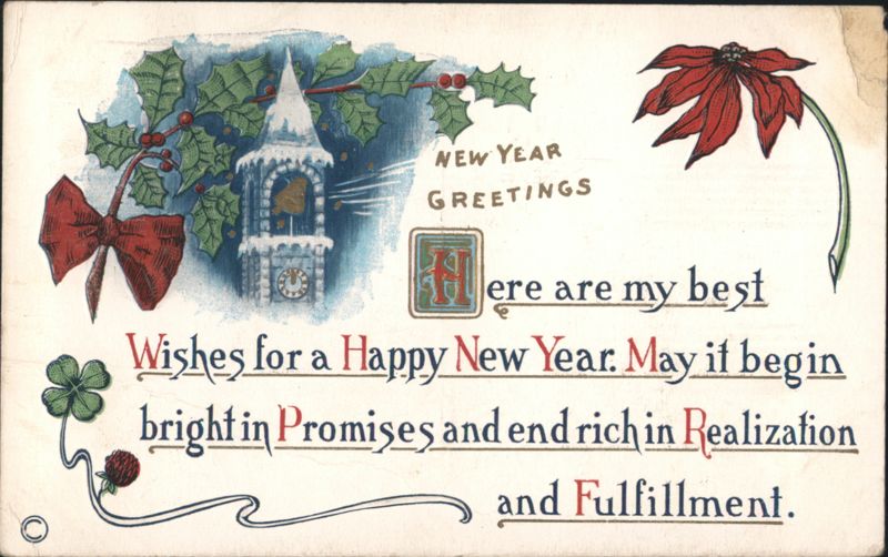 New Year Greetings with Holly, Poinsettia, and Bell Tower, 1912