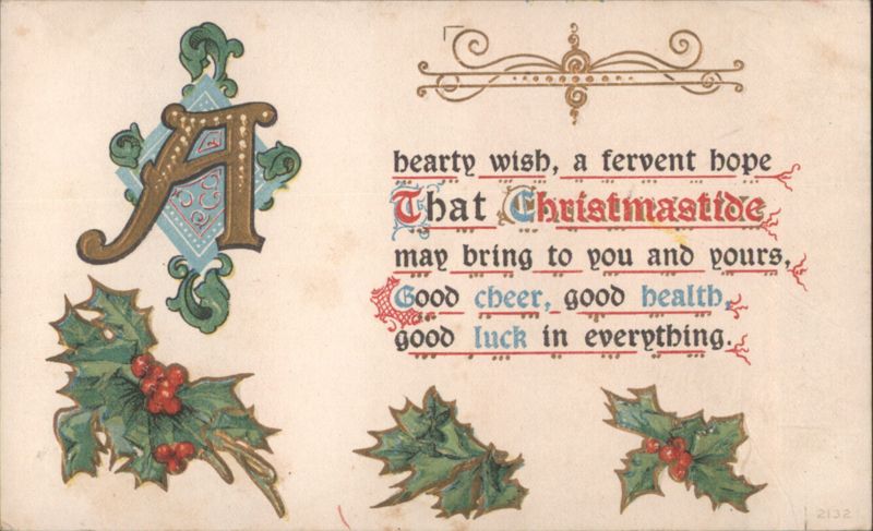 A Hearty Wish Christmas Greeting with Ornate A and Holly Leaves