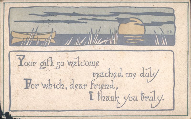Thank You Message with Art Nouveau Boat, Reeds, and Sunset Illustration