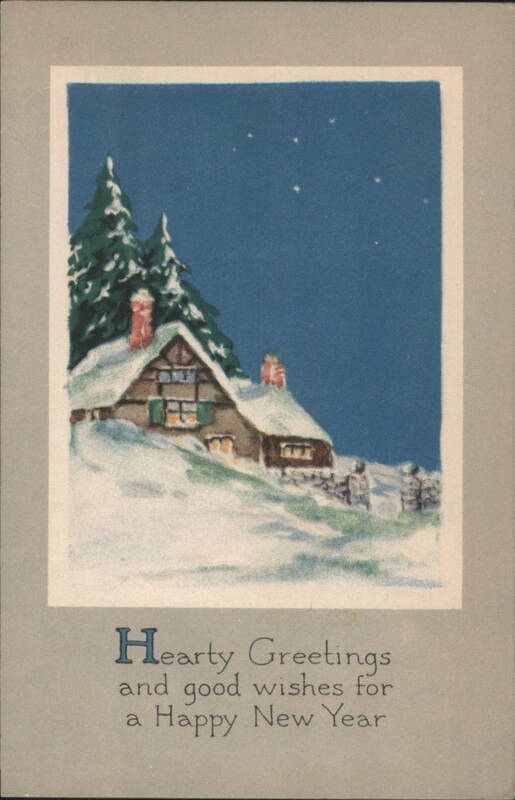 Snowy Cottage Pine Trees Starry Night Happy New Year Greetings