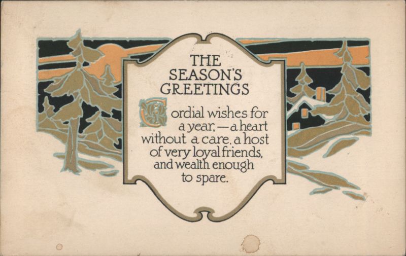 The Season's Greetings with Art Nouveau Landscape and Evergreen Trees