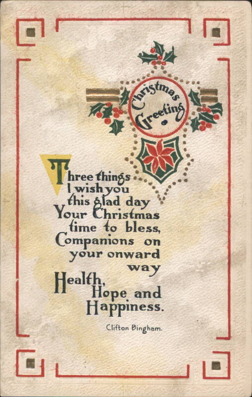 Christmas Greeting Poem with Holly & Poinsettia, Clifton Bingham
