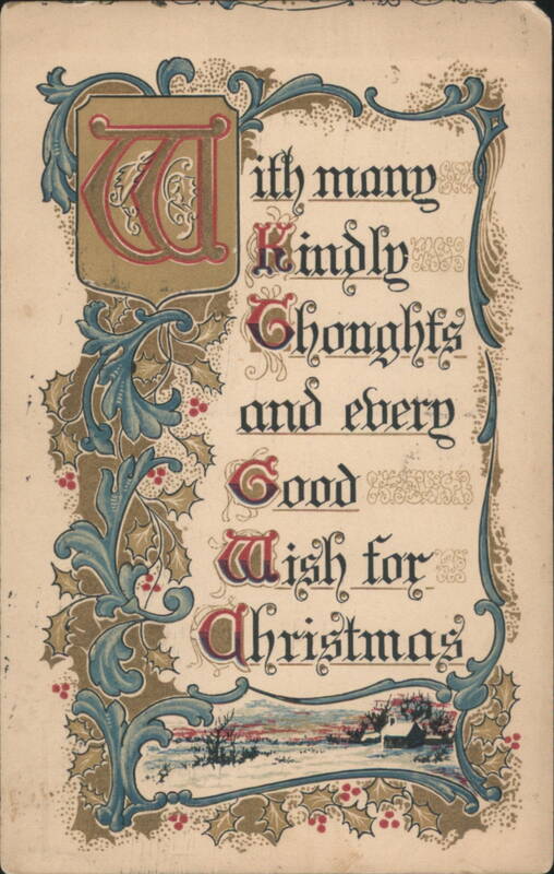 Christmas Greeting Card with Ornate Initial W, Holly, and Winter Landscape
