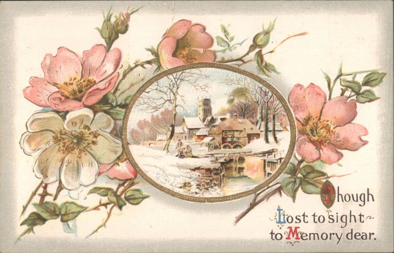 Winter Village Scene with Wild Roses and Sentimental Verse