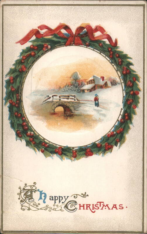 Happy Christmas Greeting Card with Snowy Winter Scene & Holly Wreath