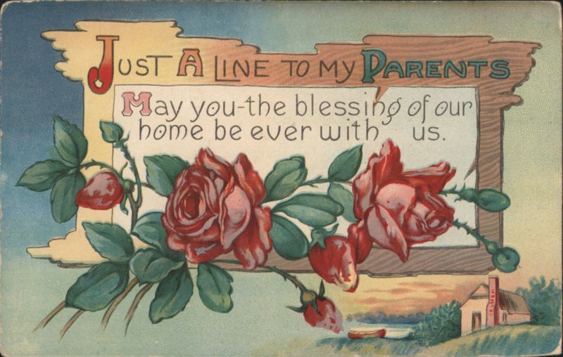 Just a Line to My Parents Greeting with Red Roses & Home Scene