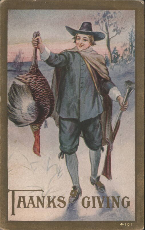 Smiling Pilgrim Man with Turkey and Rifle, Snowy Thanksgiving Scene