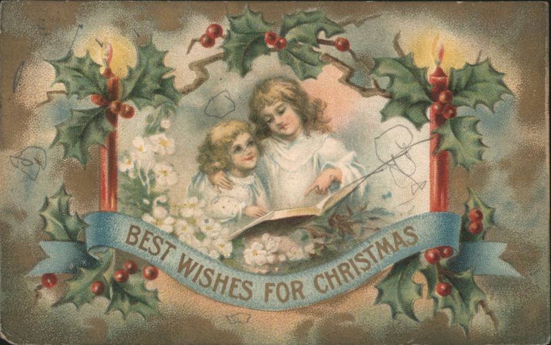 Christmas Greeting with Two Girls Reading, Holly & Candles