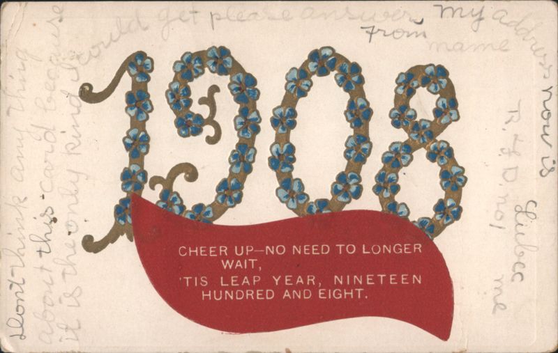 1908 Leap Year New Year's Greeting with Floral Numbers and Red Banner