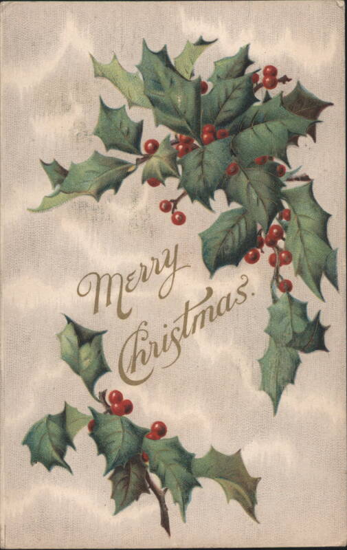 Merry Christmas Holly Branches Red Berries Illustration