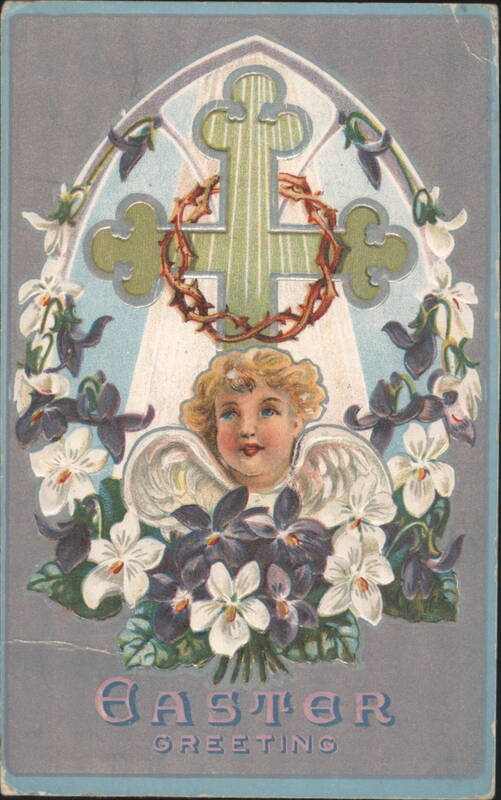 Easter Greeting with Angel, Cross, Crown of Thorns & Flowers