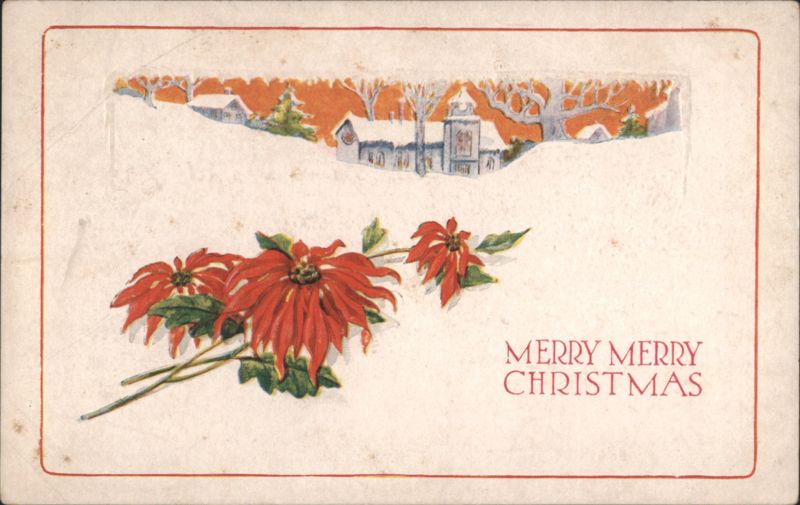 Poinsettias and Snowy Village Scene with Merry Christmas Greeting