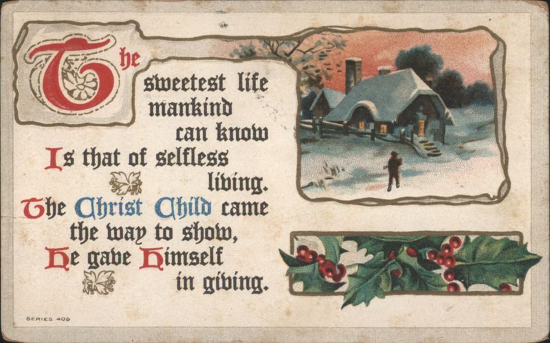 Christmas Poem with Snowy Cottage and Holly Berries