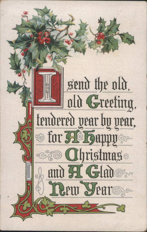 Christmas & New Year Greeting with Holly & Ornate Initial Lettering