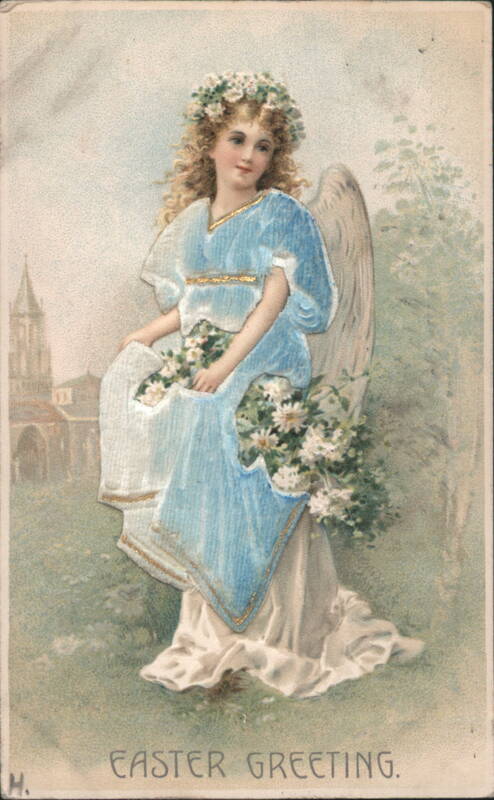 Easter Greeting Angel with Flowers and Church Background