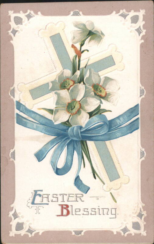 Easter Blessing with White Flowers, Cross, and Blue Ribbon