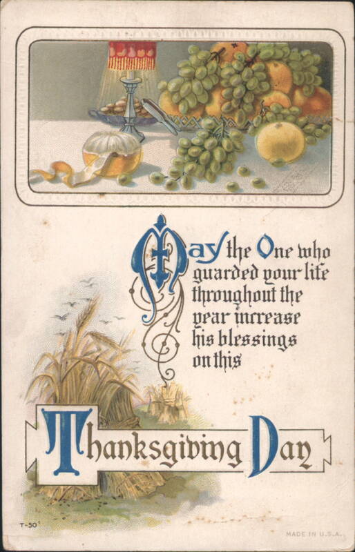 Thanksgiving Day Greeting with Fruit Still Life and Harvest Scene