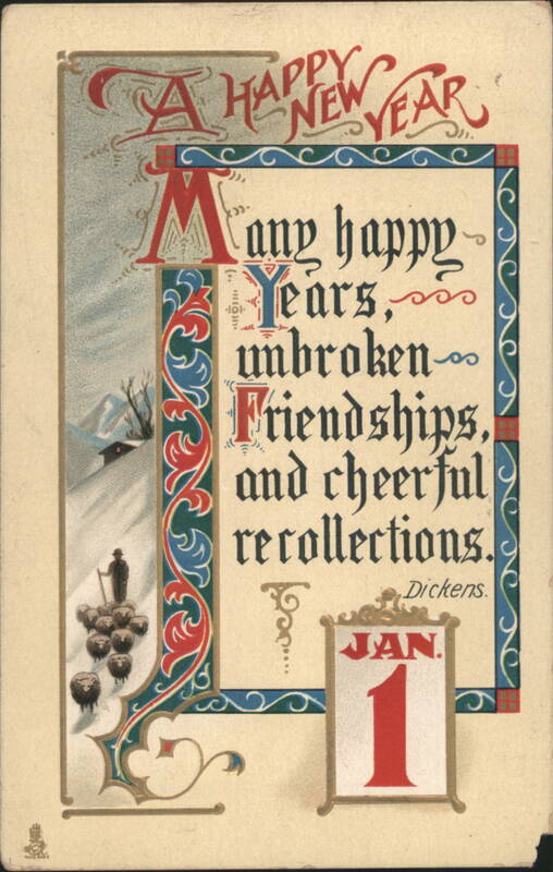 Happy New Year Greeting with Dickens Quote, Winter Scene, Shepherd & Sheep