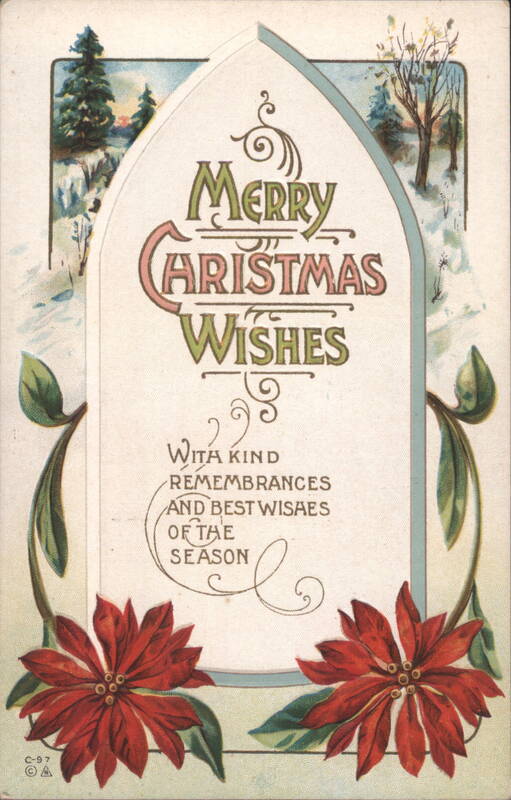 Merry Christmas Wishes with Poinsettias and Winter Scene