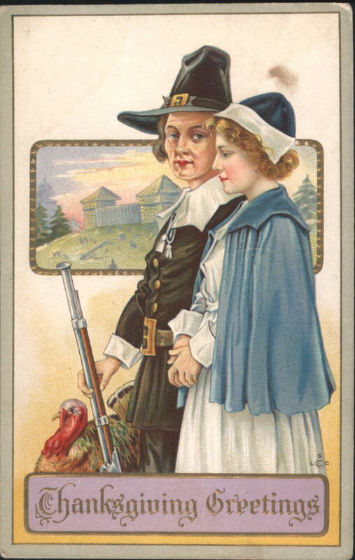 Pilgrim Couple & Turkey with Fort in Background, Thanksgiving Greetings